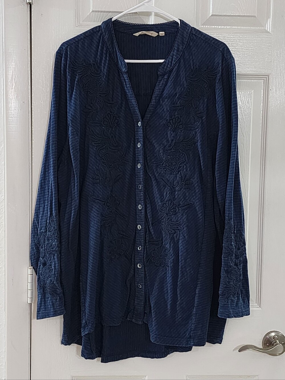 Soft Surroundings Tunic Blouse 2X Blue Embroidered Henley Button Long Sleeve